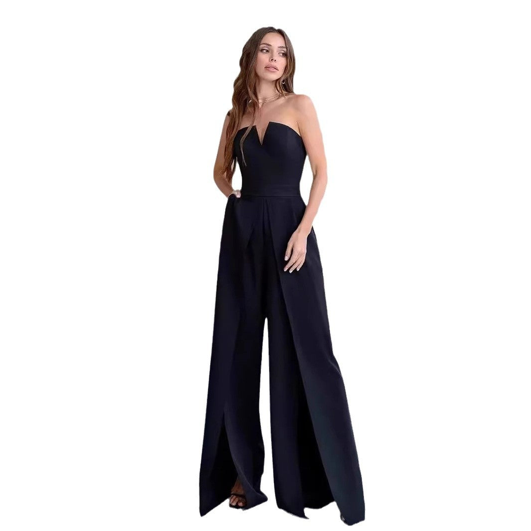 Kvinnenes elegante jumpsuit med dyp v-hals og flytende ben sømmer