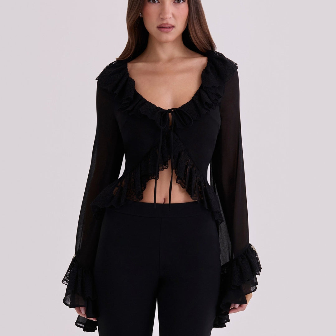 Dame chiffon-bluse med spissbesetning Skjora