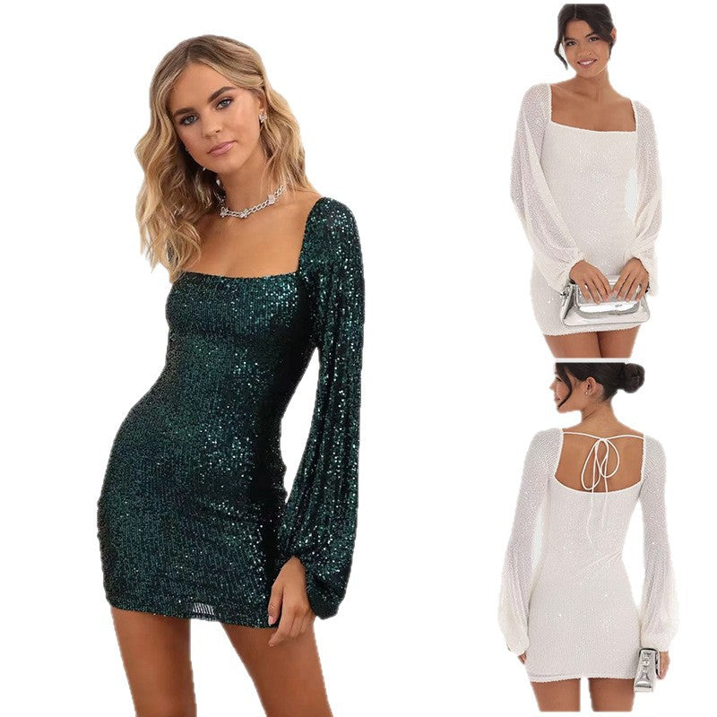 Damer Glamorous Mini Kjole med Elegante Pufferm og Glitrende Pailletter Skjora