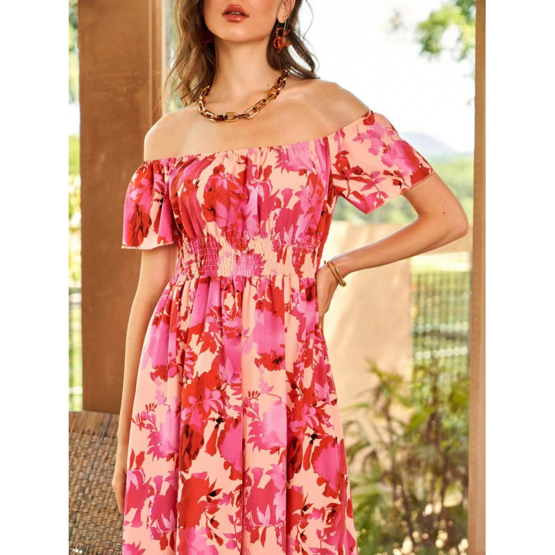 Dame Off-Shoulder Midi Kjole i floral design med elastisk overdel og voluminøs nederdel Skjora