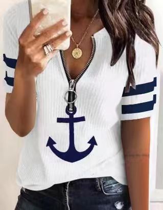 Dame Sporty T-skjorte med glidelås og maritime motiver Skjora