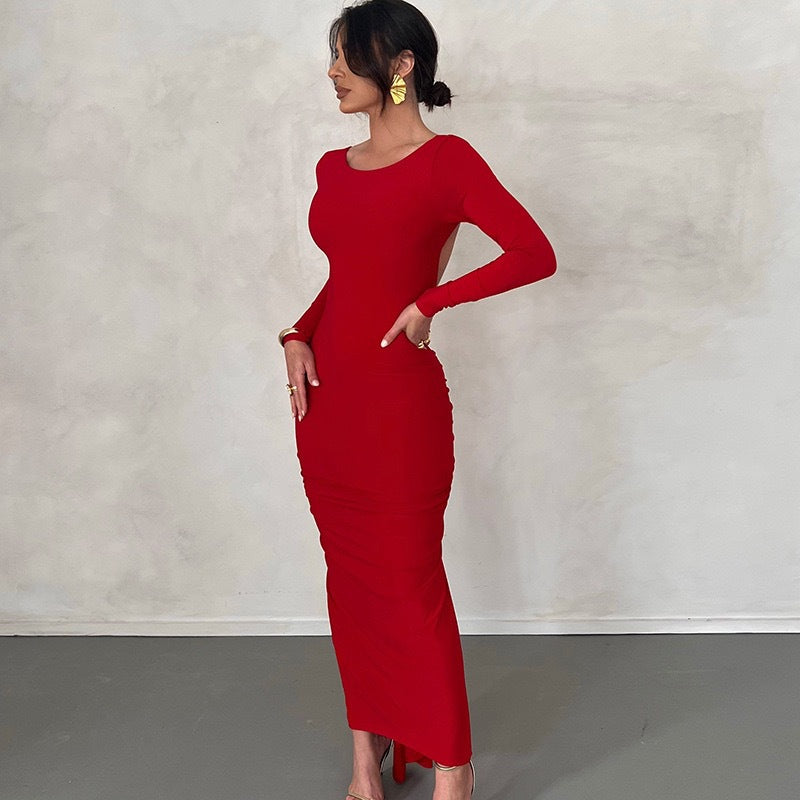 Dame Elegant figursydd Maxikjole med lange ermer og rund halsutskjæring Skjora