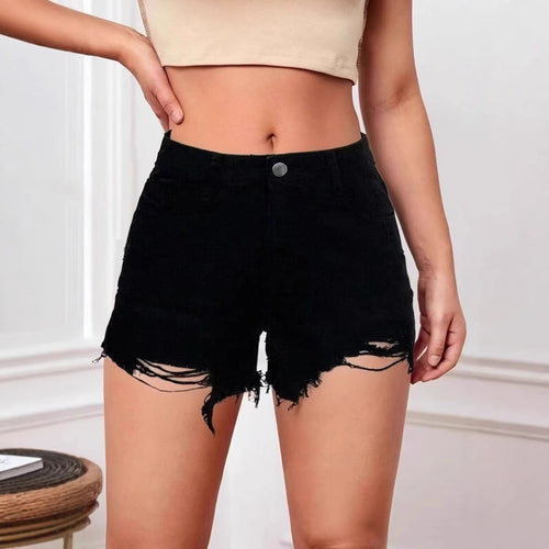 Damer moteriktige Destroyed Denim-Shorts med frynset kant Skjora
