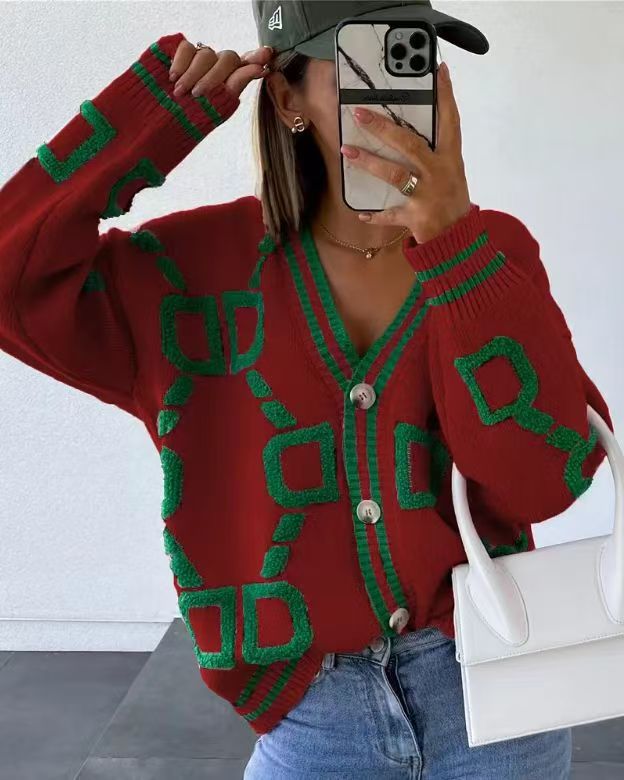 Kvinnens stilige cardigan med unikt geometrisk mønster og trendy knappestolpe Skjora