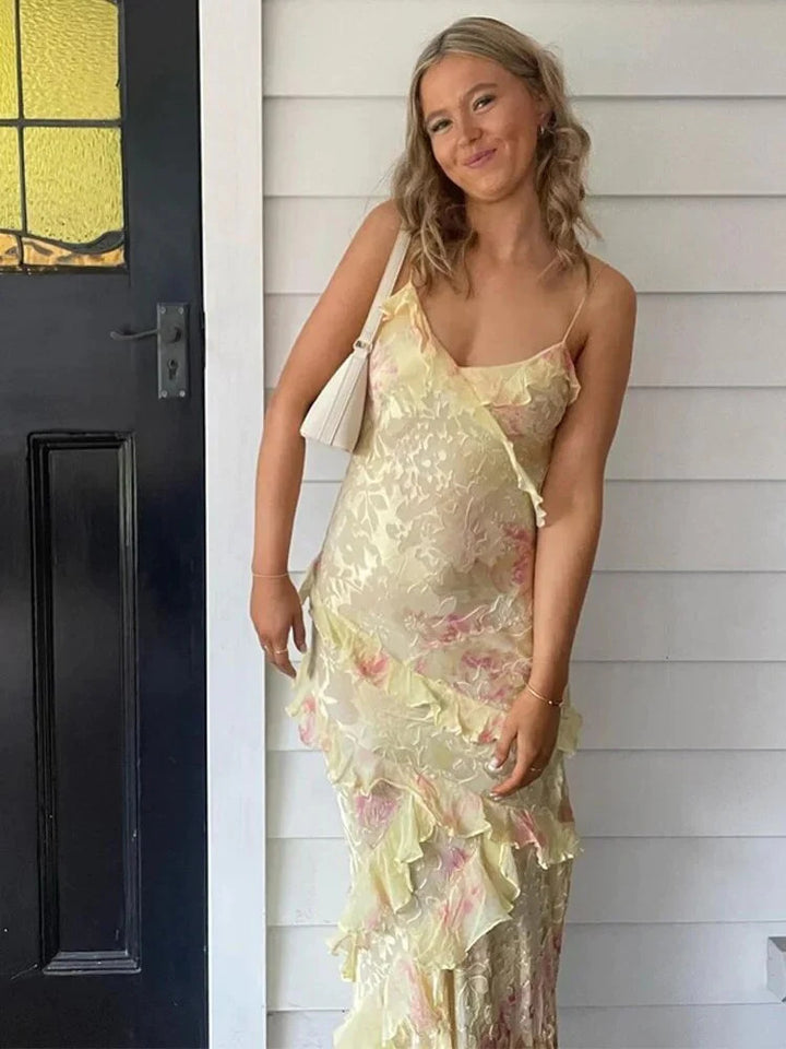 Damer Lang Maxi Kjole med Lekne Volang Detaljer og Blomstermønster