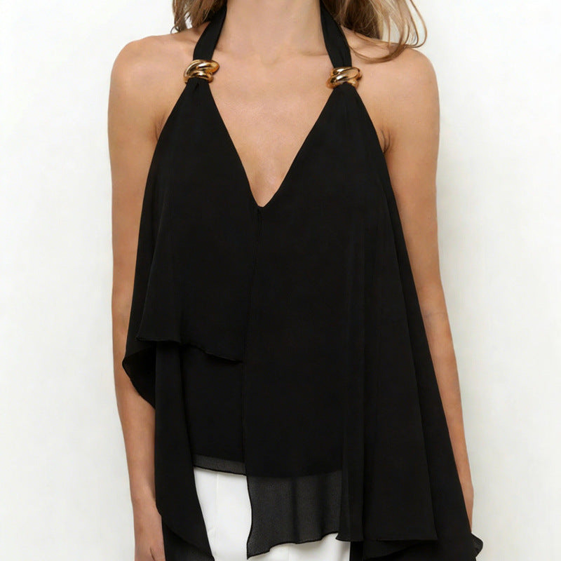 Dame chiffonbluse med asymmetrisk snitt og glansdetaljer Skjora