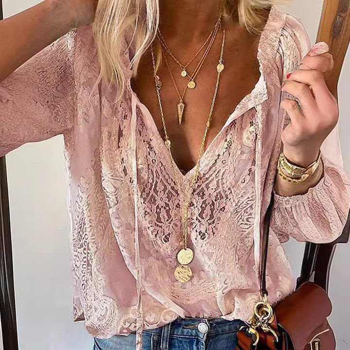 Dame elegant bluse med fin spiss og dyp V-hals Skjora