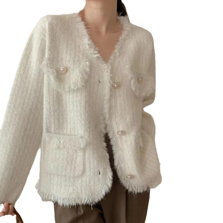 Kvinne cardigan med dekorative perler og frynsete detaljer Skjora