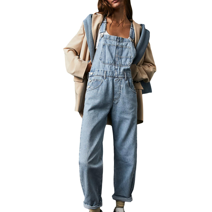 Damer avslappet denim jumpsuit med praktiske lommer og justerbar midje Skjora