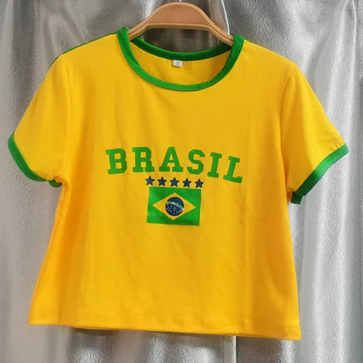 Women's casual short-sleeved shirt with creative Brazil motif and contrasting colored sleeves Skjora