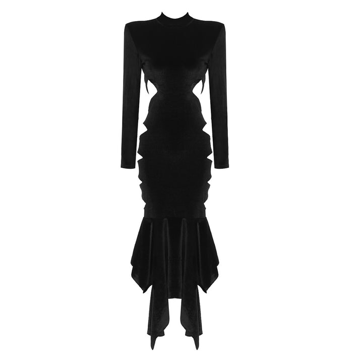 Dame elegant lang kjole med innovativ cut-out og voluminøs kant Skjora