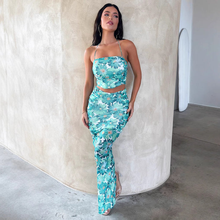 Damen Elegantes Crop-Top und Maxirock-Set mit floralem Design Skjora