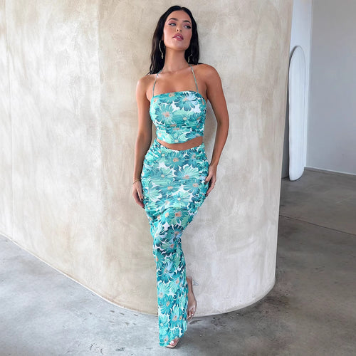Damen Elegantes Crop-Top und Maxirock-Set mit floralem Design Skjora