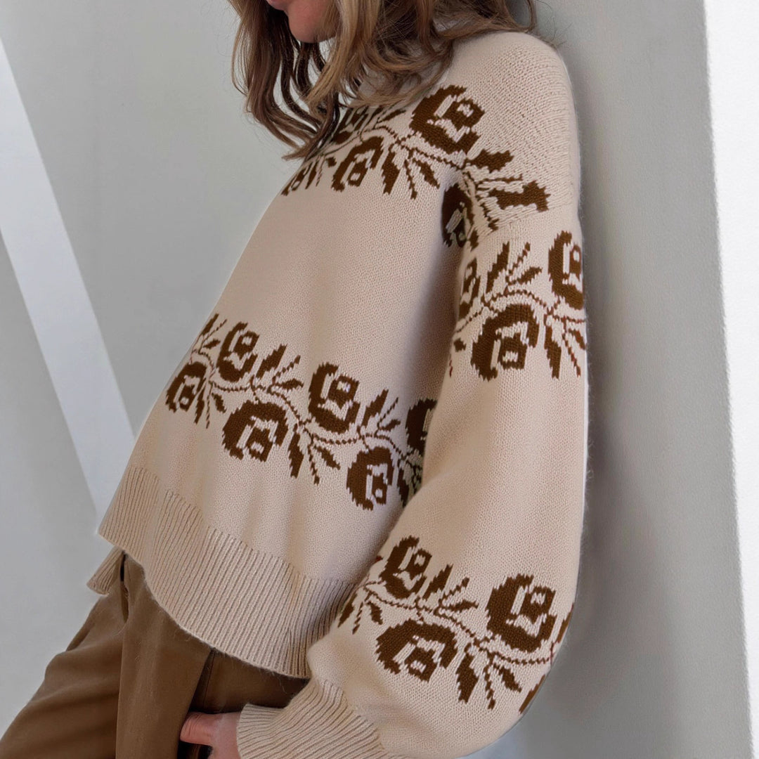 Kvinnens strikkegenser med blomster jacquard mønster og høy krage Skjora