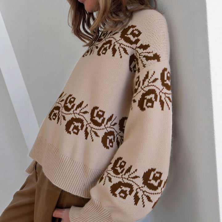 Kvinnens strikkegenser med blomster jacquard mønster og høy krage Skjora