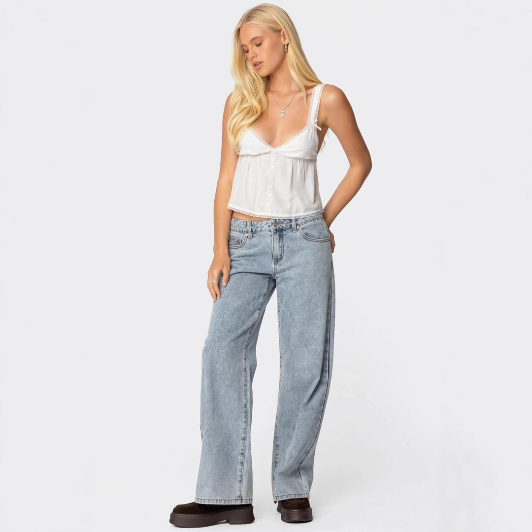 Damen Crop-Top aus feiner Baumwolle mit dekorativen Knopfdetails Skjora