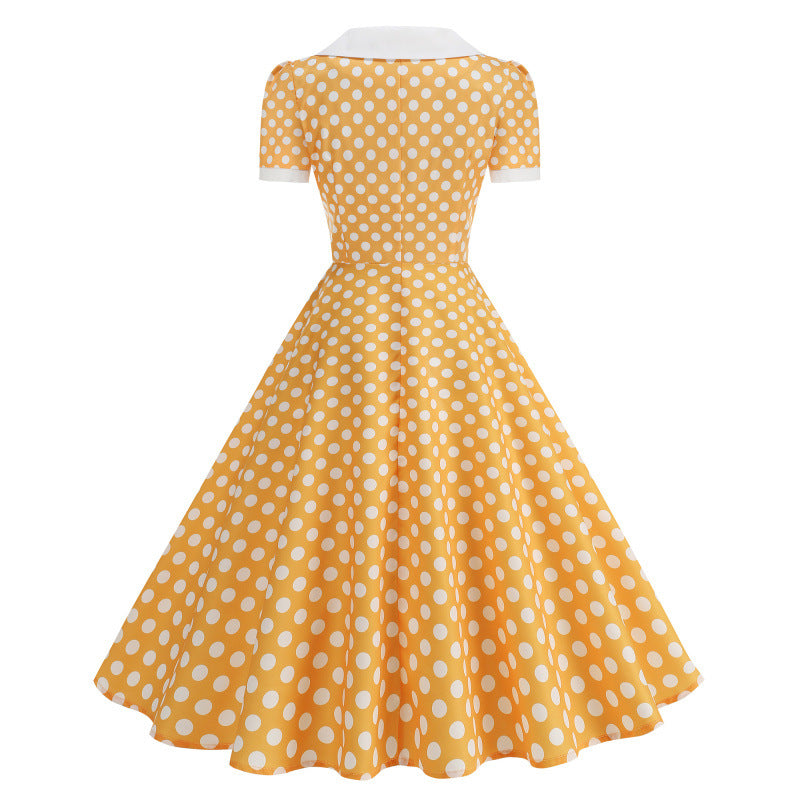 Dame Retro Maxikjole med Krage og Dots Skjora