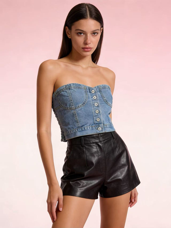 Dame Denim Bustier-top med knappedetaljer og innsnittet snitt Skjora
