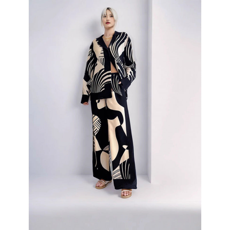 Dame Løs skjæring, blomstrete langermet skjorte og bukse sett Skjora