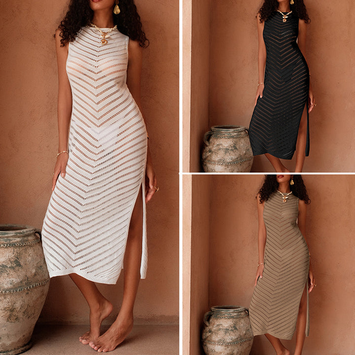 Damen Elegantes Strick-Maxikleid mit asymmetrischem Saum und seitlichem Schlitz Skjora
