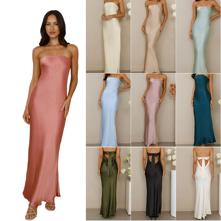 Kvinnenes elegante av-shoulder maxi kjole laget av satinlignende materiale