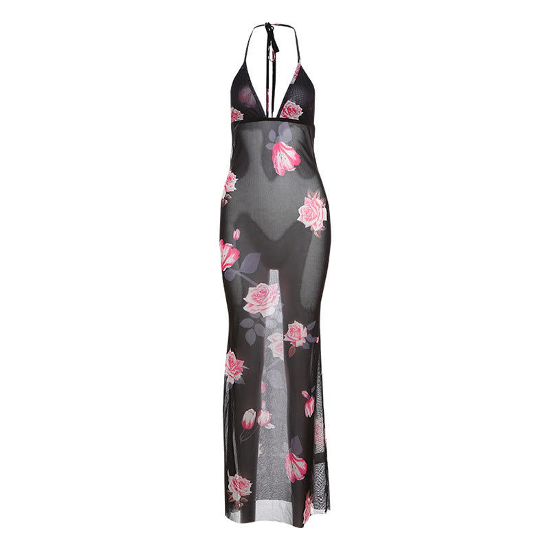 Dame Maxi Strandkjole med floralt mesh-design og dyp V-hals Skjora