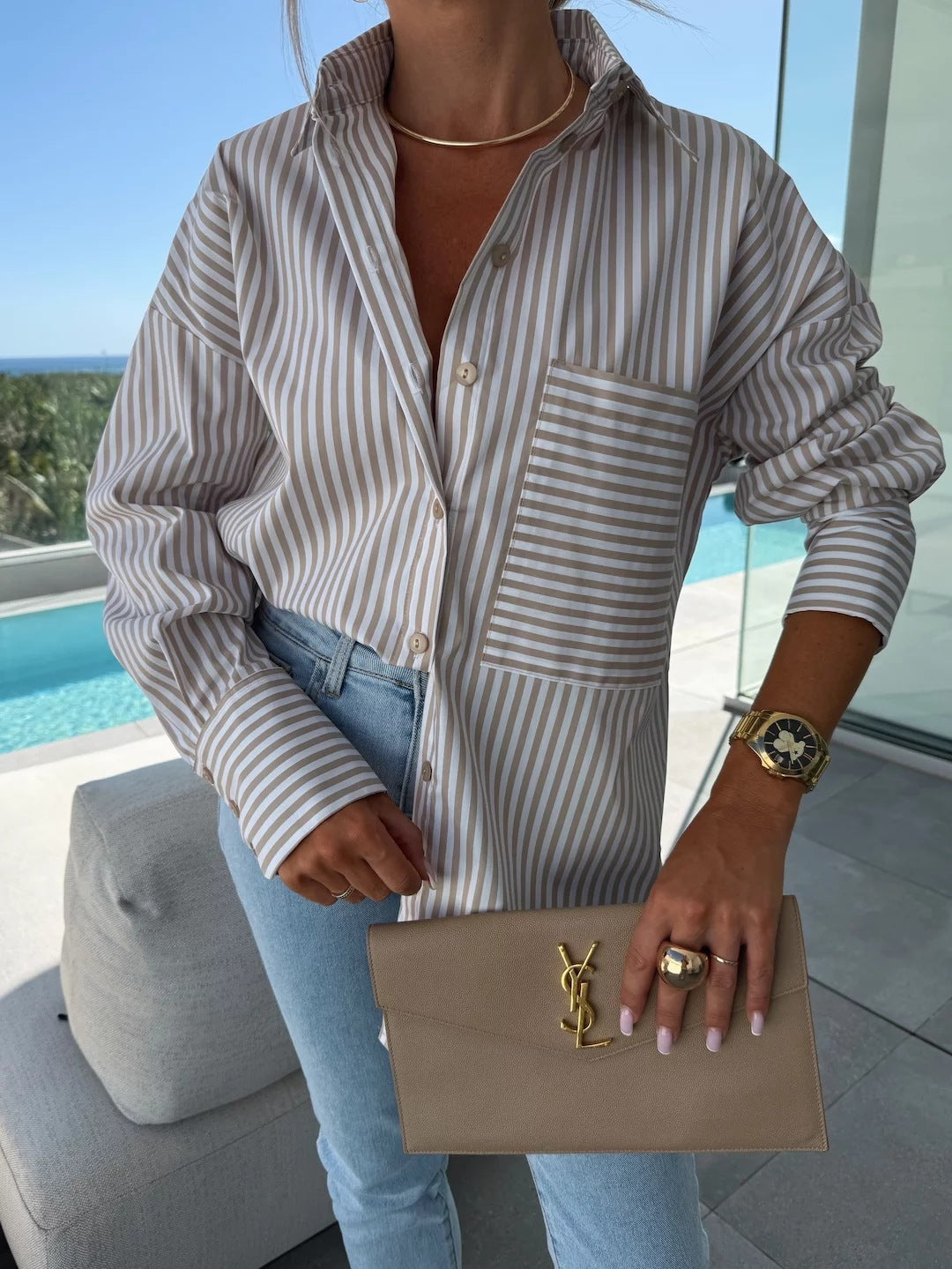 Kvinne casual skjorte bluse med klassisk stripemønster og pålagt brystlomme Skjora