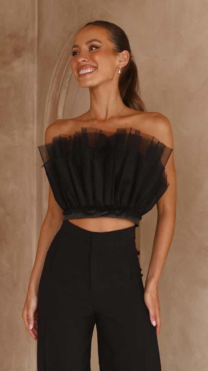Dame cropped top med transparente volangdetaljer Skjora
