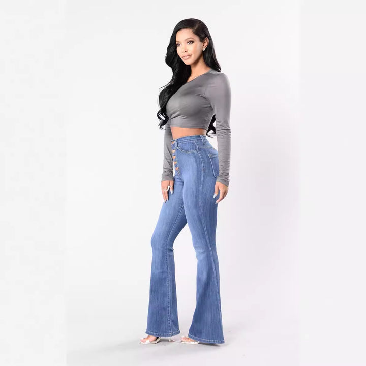 Dame Høytliv Flared Jeans med dekorative knappedetaljer og elastisk midjebånd Skjora