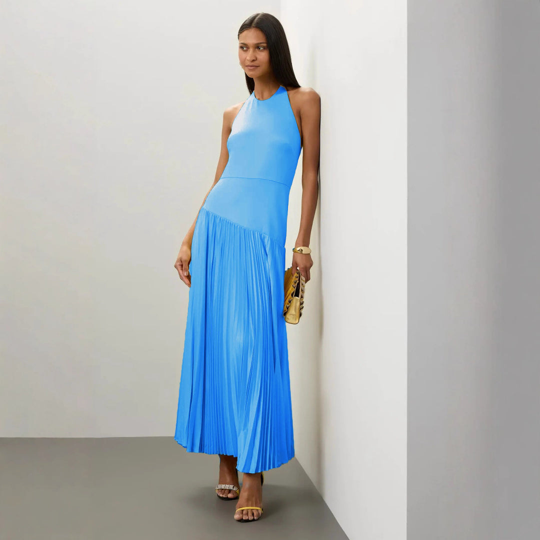 Dames Elegant Maxi Kjole med Flytende Plisserte Skjørt og Halter Hals Design