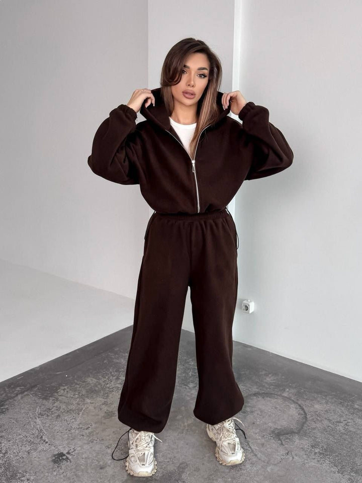 Dame Fleece Hoodie og Avslappede Joggebukser Sett