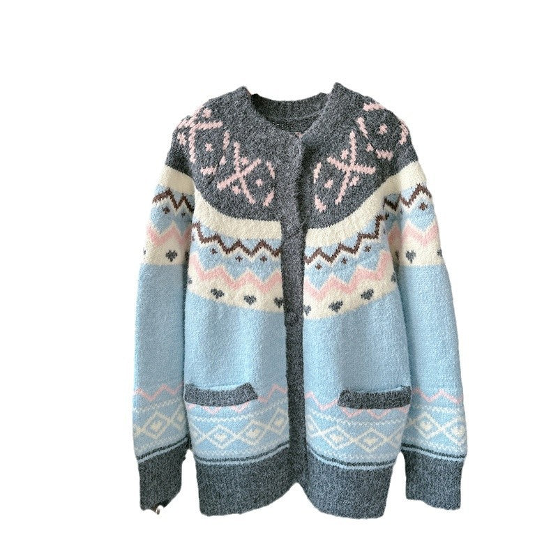 Dame cardigan med leken etnisk mønster og lommer Skjora