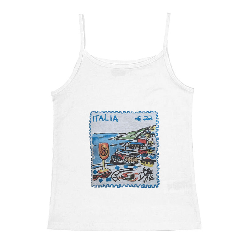 Dame ermeløs tanktop med kreativt postkortmotiv Skjora