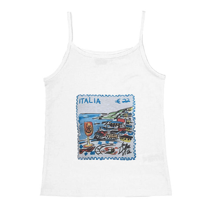 Dame ermeløs tanktop med kreativt postkortmotiv Skjora