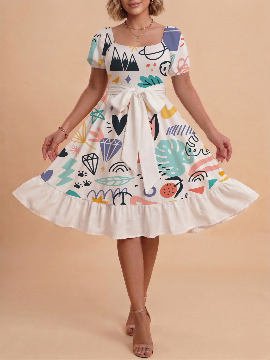Damen Sommerkleid mit floralem Puffärmel und taillierbarem Gürtel Skjora