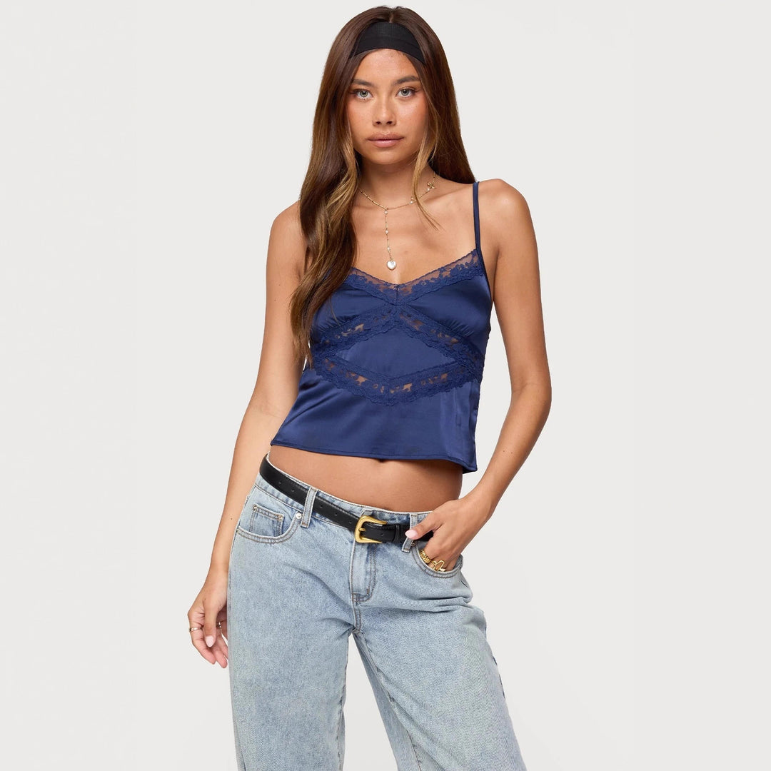 Damer Elegant Satin-Cami-Topp med Spisestykker Skjora