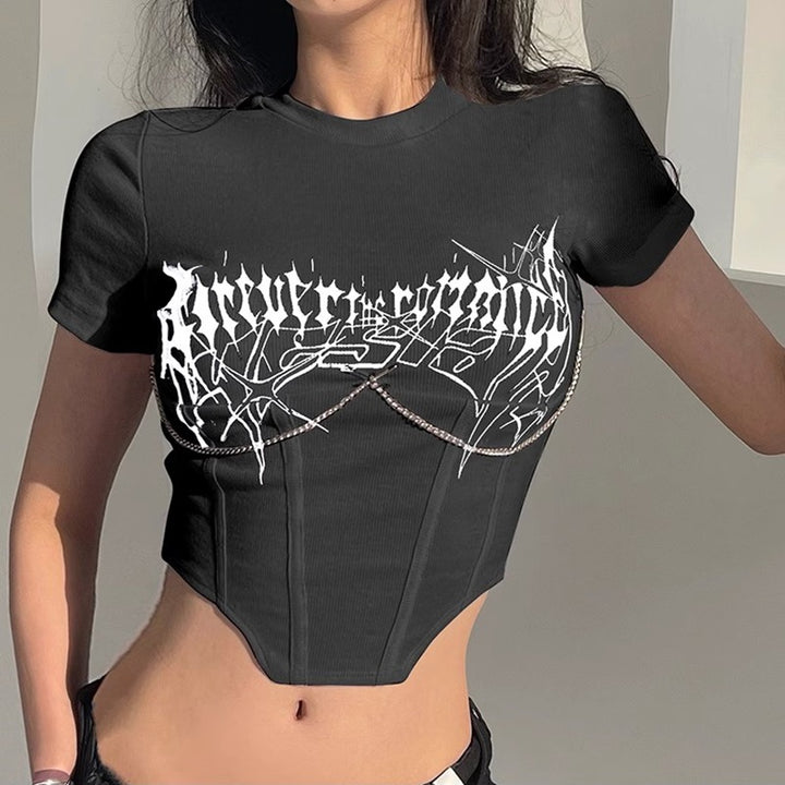 Kvinne Cropped Top med Kunstnerisk Trykk og Tett Passform