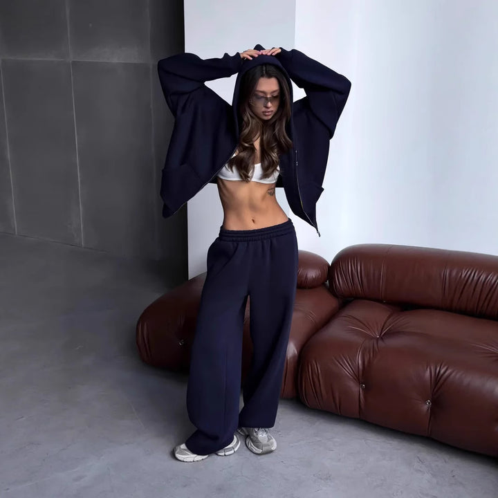 Kvinne's casual oversized jakke med full glidelås og brede bukser Skjora