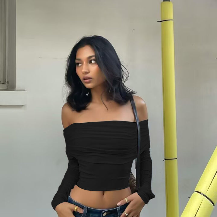 Damer Offshoulder Crop-Top med rynke Skjora