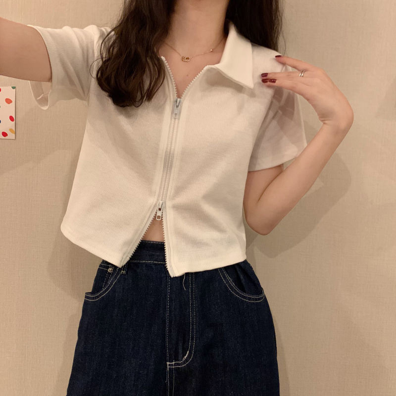 Kvinner Cropped Polo Shirt med Glidelås og Strukturert Finish Skjora