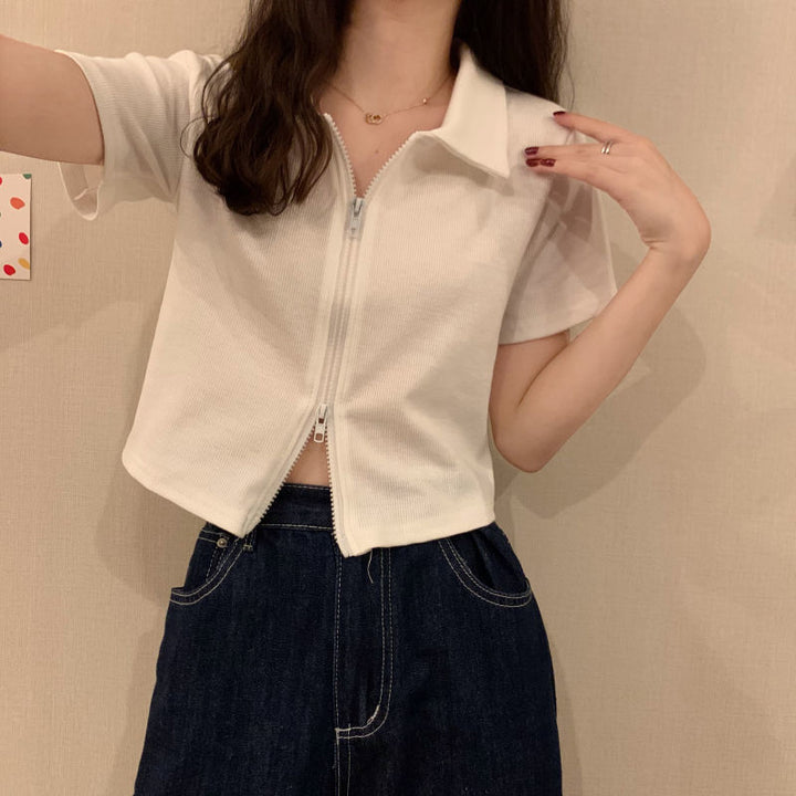 Kvinner Cropped Polo Shirt med Glidelås og Strukturert Finish Skjora