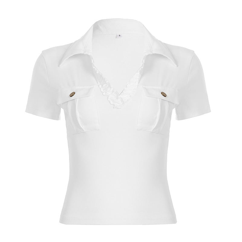 Dame avslappet polo skjorte med dekorativ krage og lommer Skjora