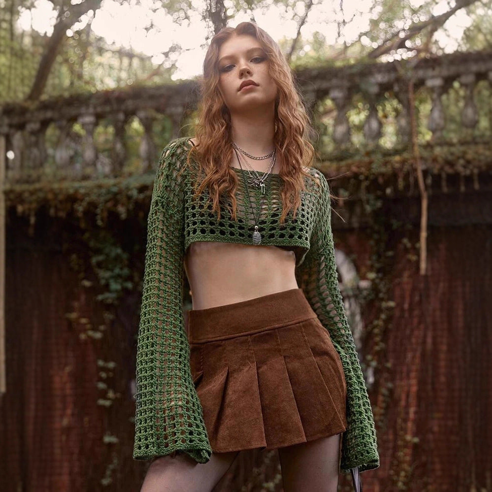 Damer luftig heklet Crop-Top med lange ermer Skjora