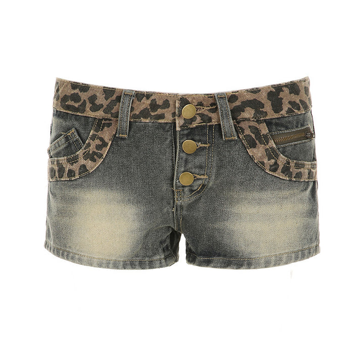 Dame Leopardtrykk Denim-Shorts med knappdetaljer og elastisk belte Skjora