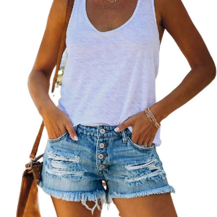 Dame Destroyed Denim Shorts med fransete kant og høy midje Skjora