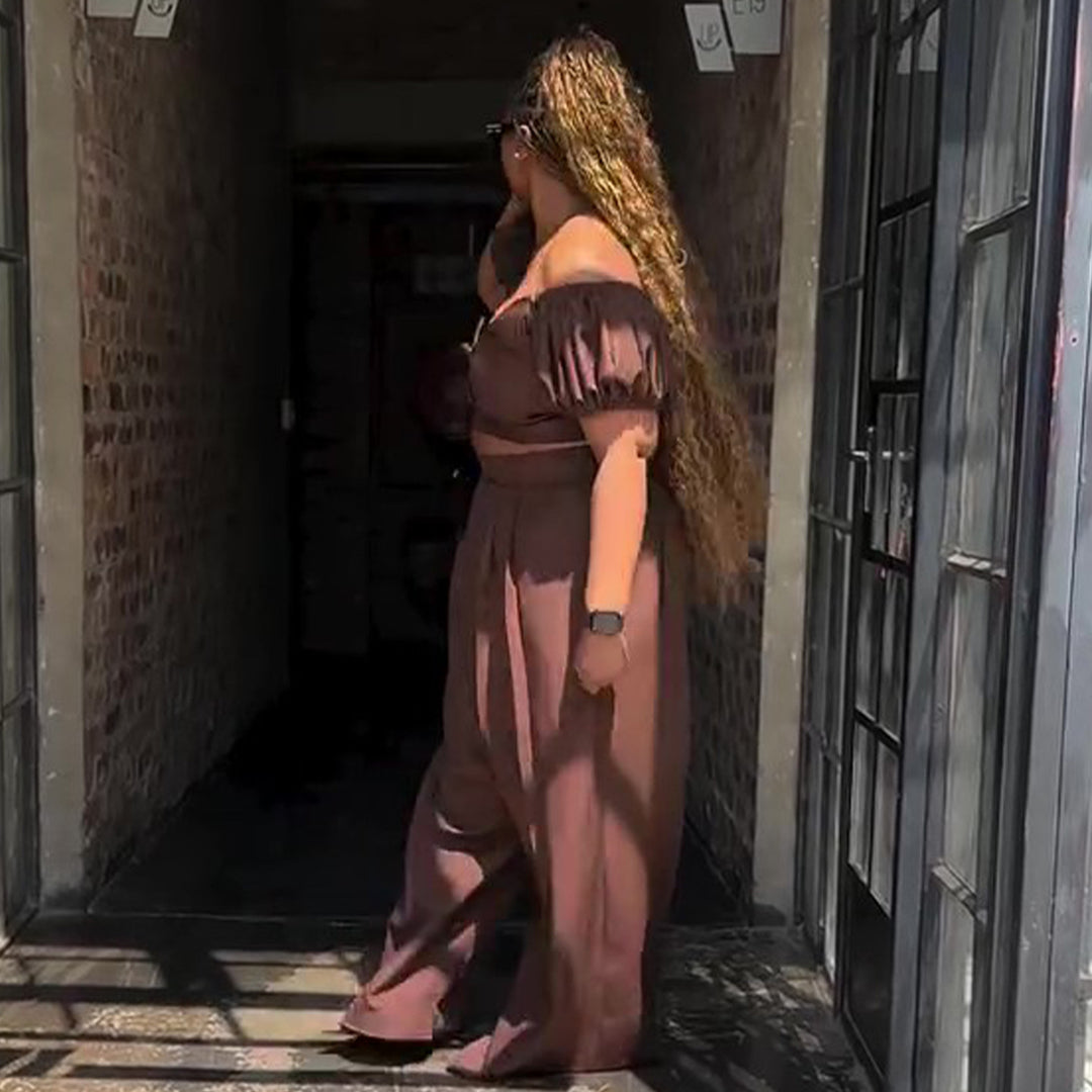 Dame Crop Top og Palazzo Bukser Sett med Voluminøse Ermer og Elegante Folder Skjora