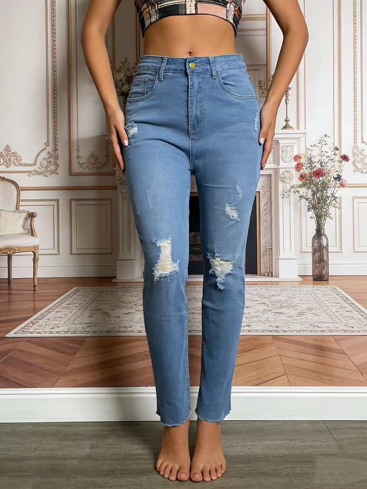 Dame avslappet skinny jeans i moderne destroyed-look Skjora