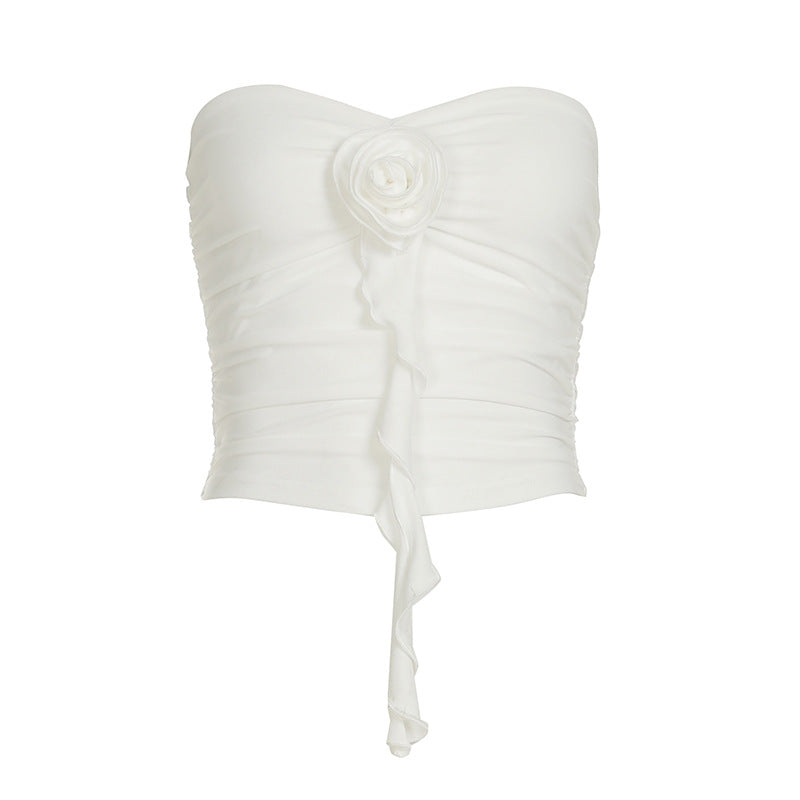 Damer strykefritt bustier-overdel med dekorativ rynking og blomsterapplikasjon Skjora