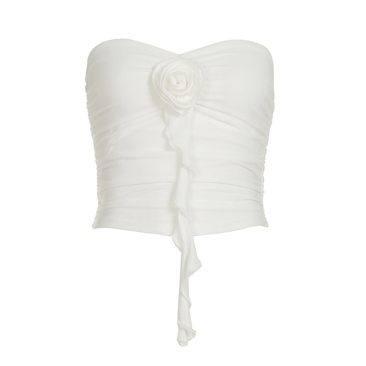 Damer strykefritt bustier-overdel med dekorativ rynking og blomsterapplikasjon Skjora