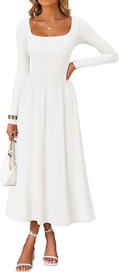 Women's elegant midi dress with square neckline and long sleeves Skjora